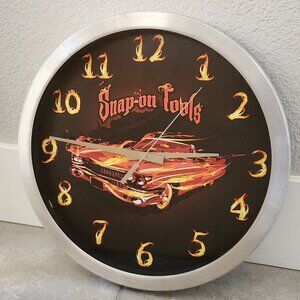 Snap-On Tools Round 14in Wall Clock Flaming Cadillac Convertible Silver Frame